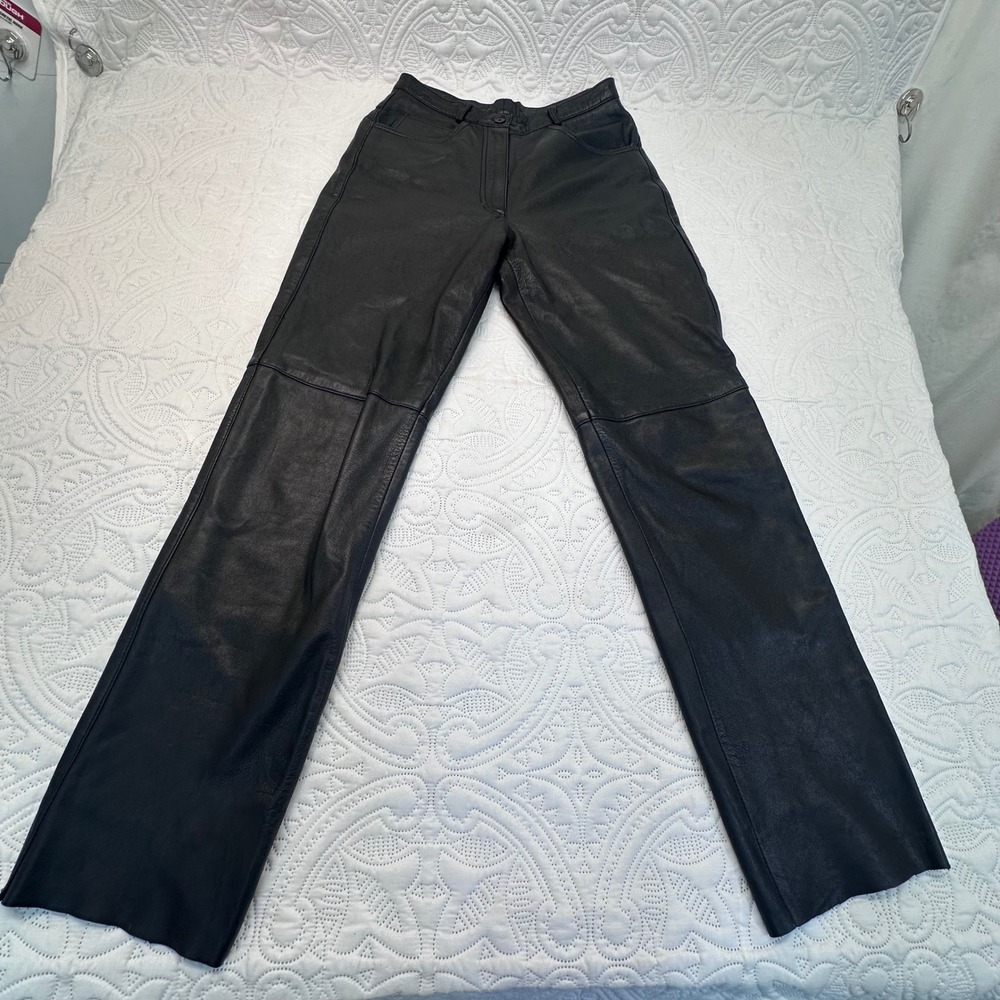 Vintage Black Genuine Leather Straight Leg Pants Mid Rise 5-Pocket Size 27